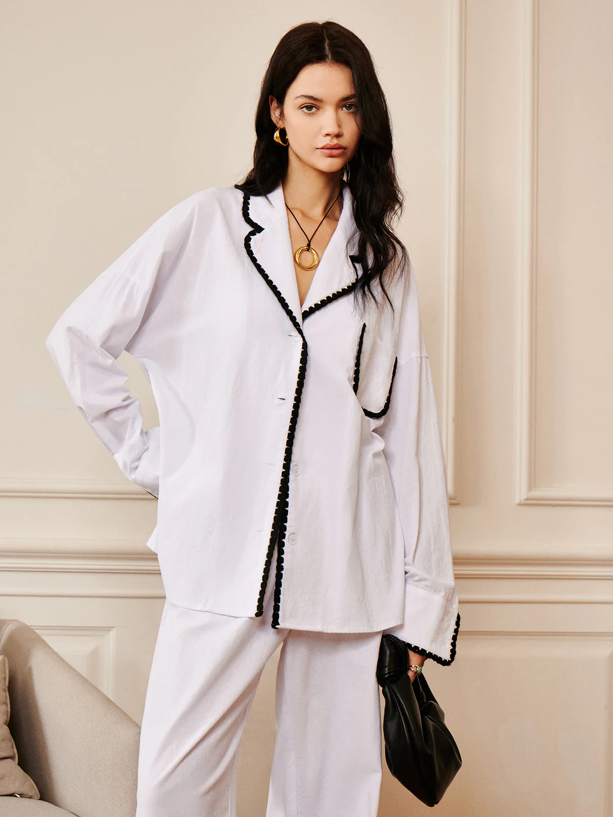 Pure Cotton Contrast Trim Lapel Shirt - Takermore