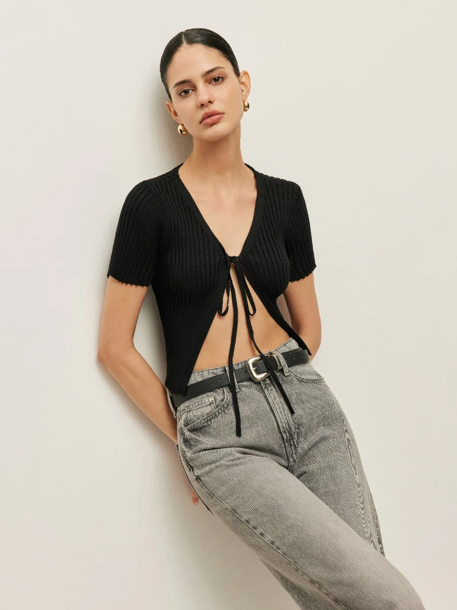 Ribbed Tie Front Short Sleeve Top - Takermore