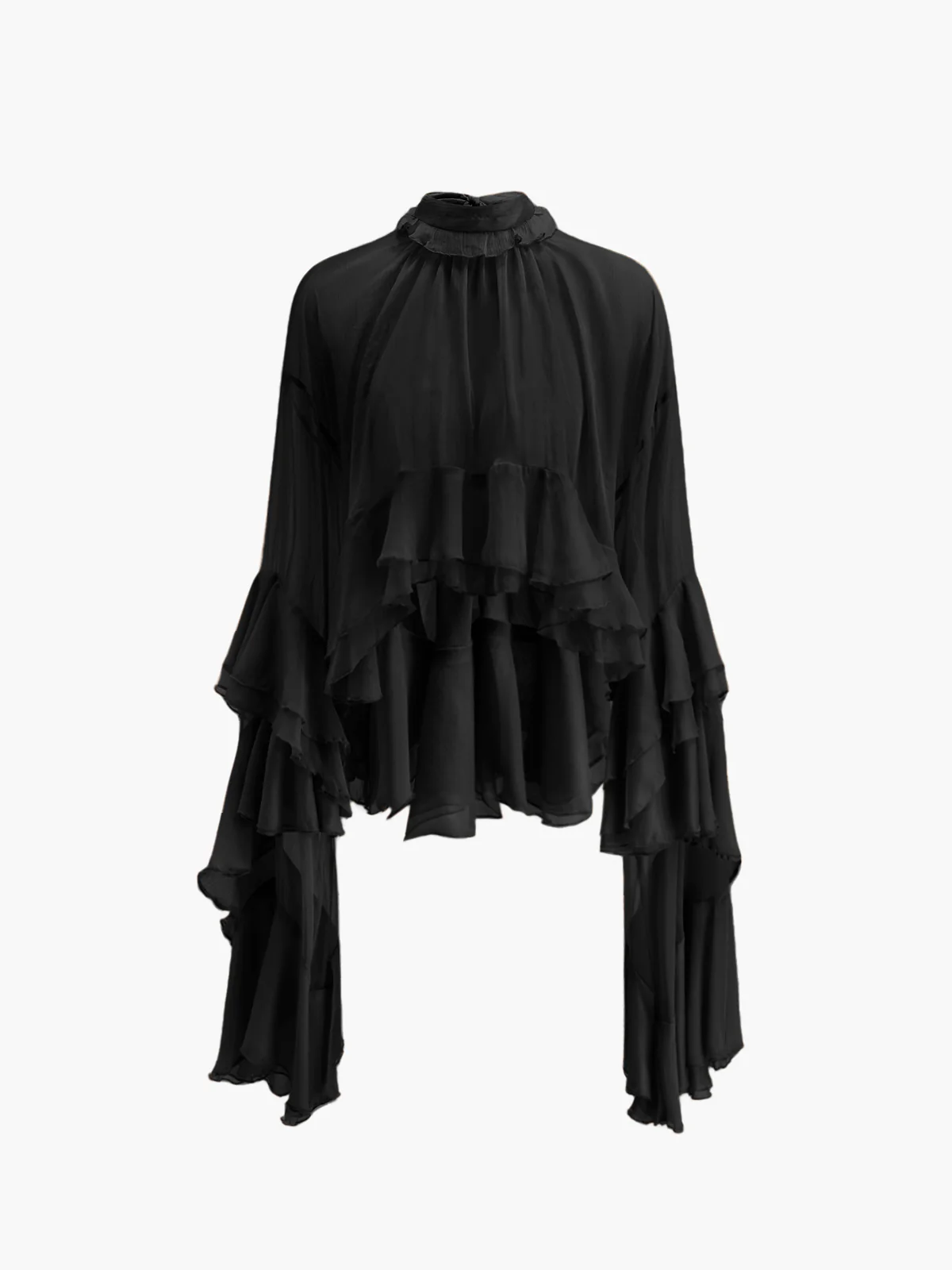 Sheer Turtleneck Ruffle Chiffon Blouse - Takermore