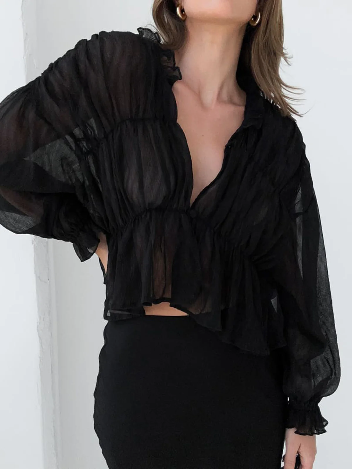Sheer Chiffon Ruffle Detail Blouse - Takermore