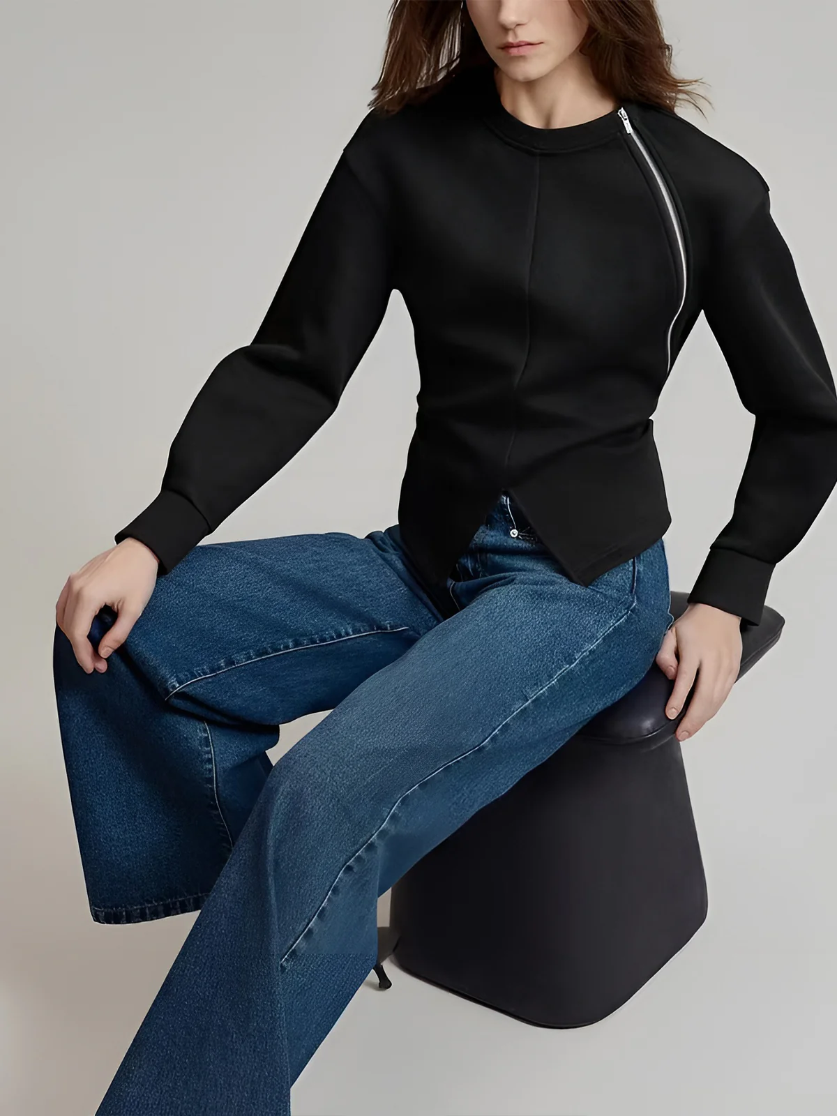 Plain Zipper Split Blouse - Takermore