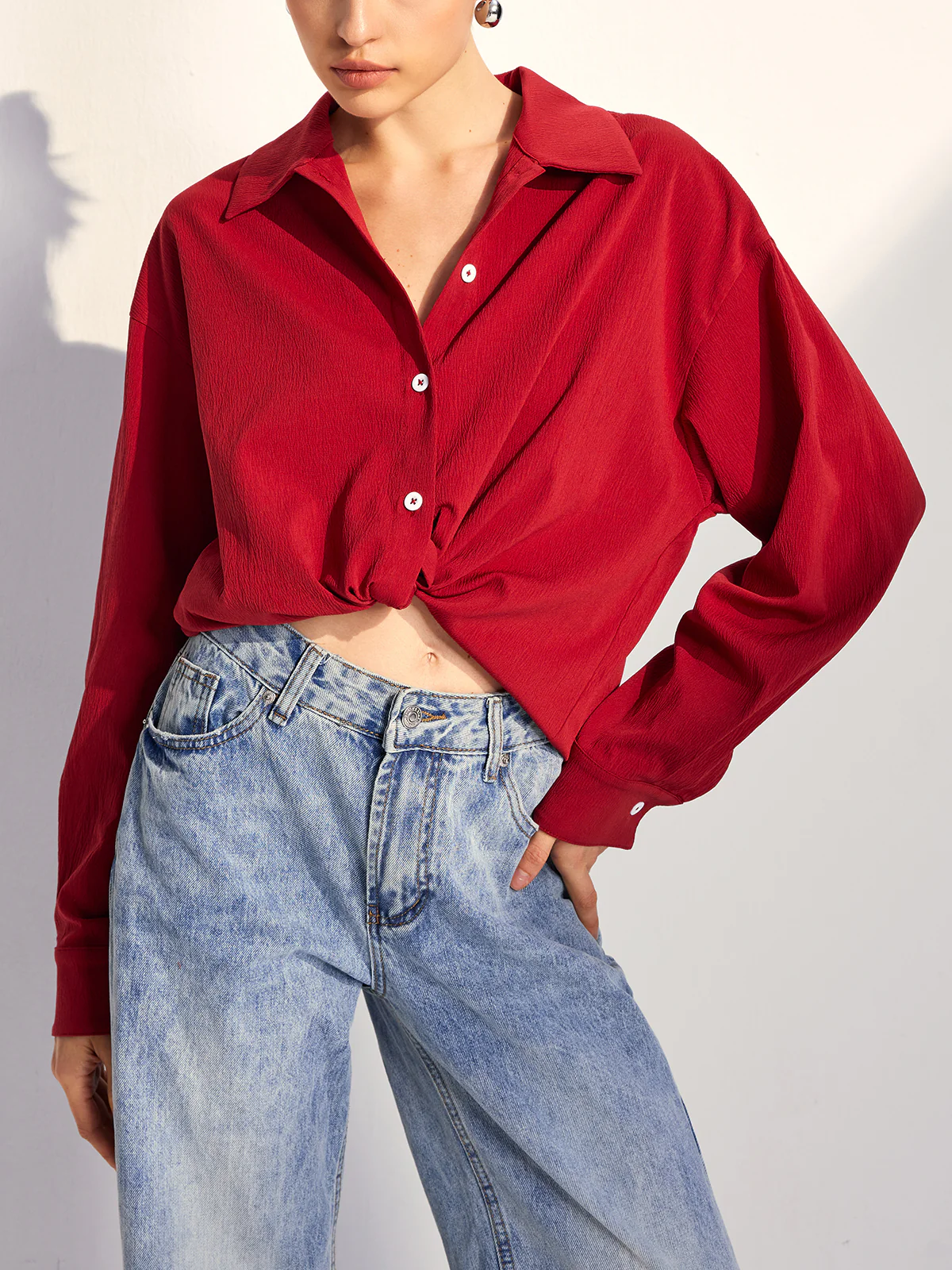 Oversized Solid Lapel Button Draped Shirt - Takermore
