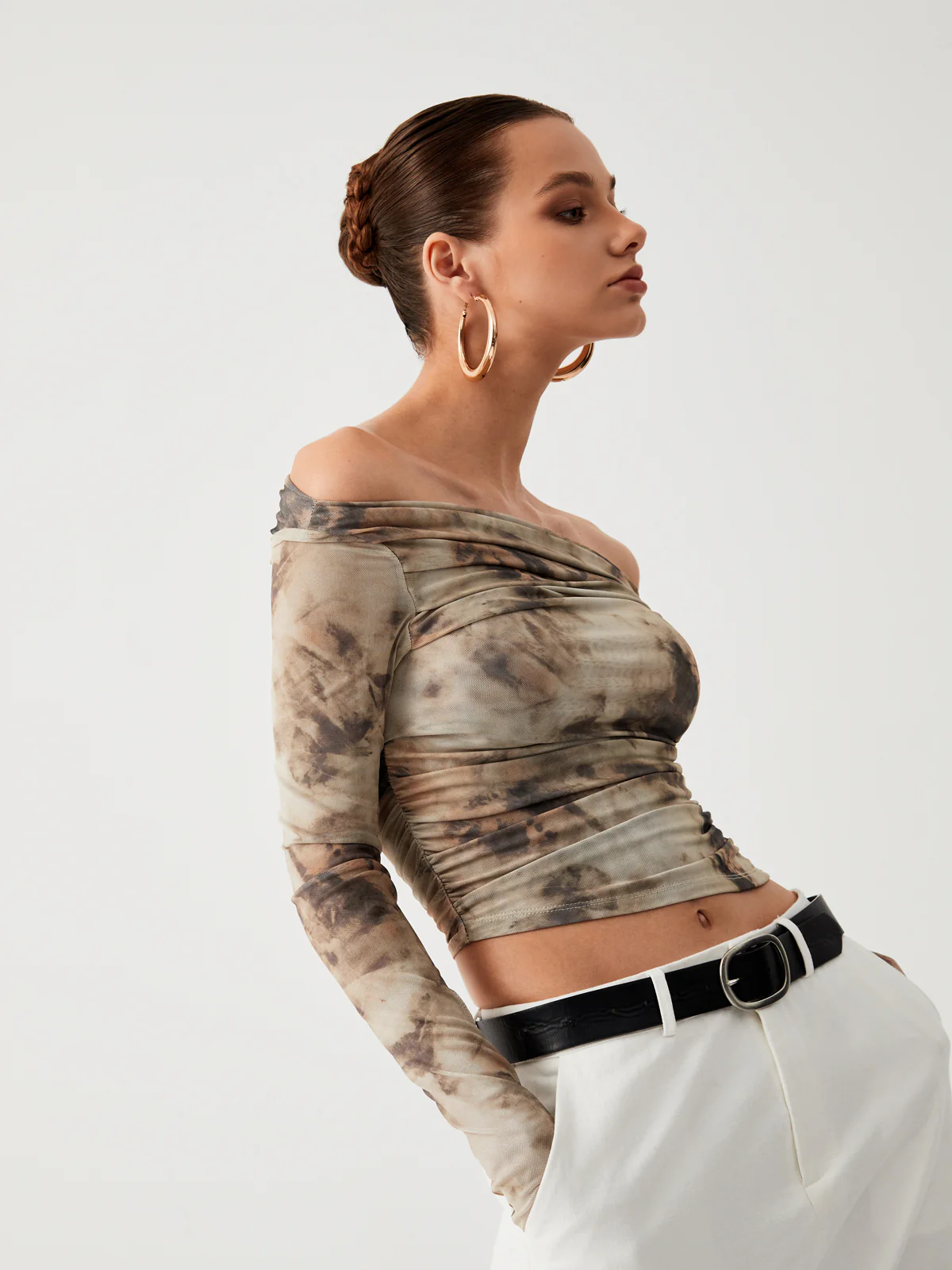 Semi-Sheer Tulle Mesh Off Shoulder Long Sleeve Crop Top - Takermore