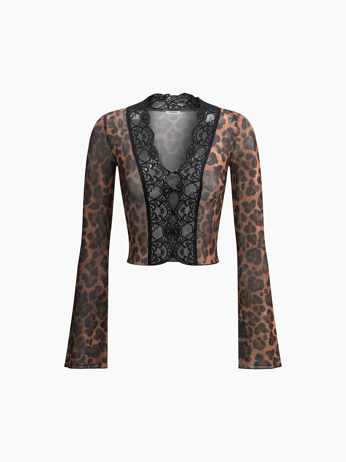 Sheer Leopard Print Long Sleeve Lace Trim Blouse - Takermore