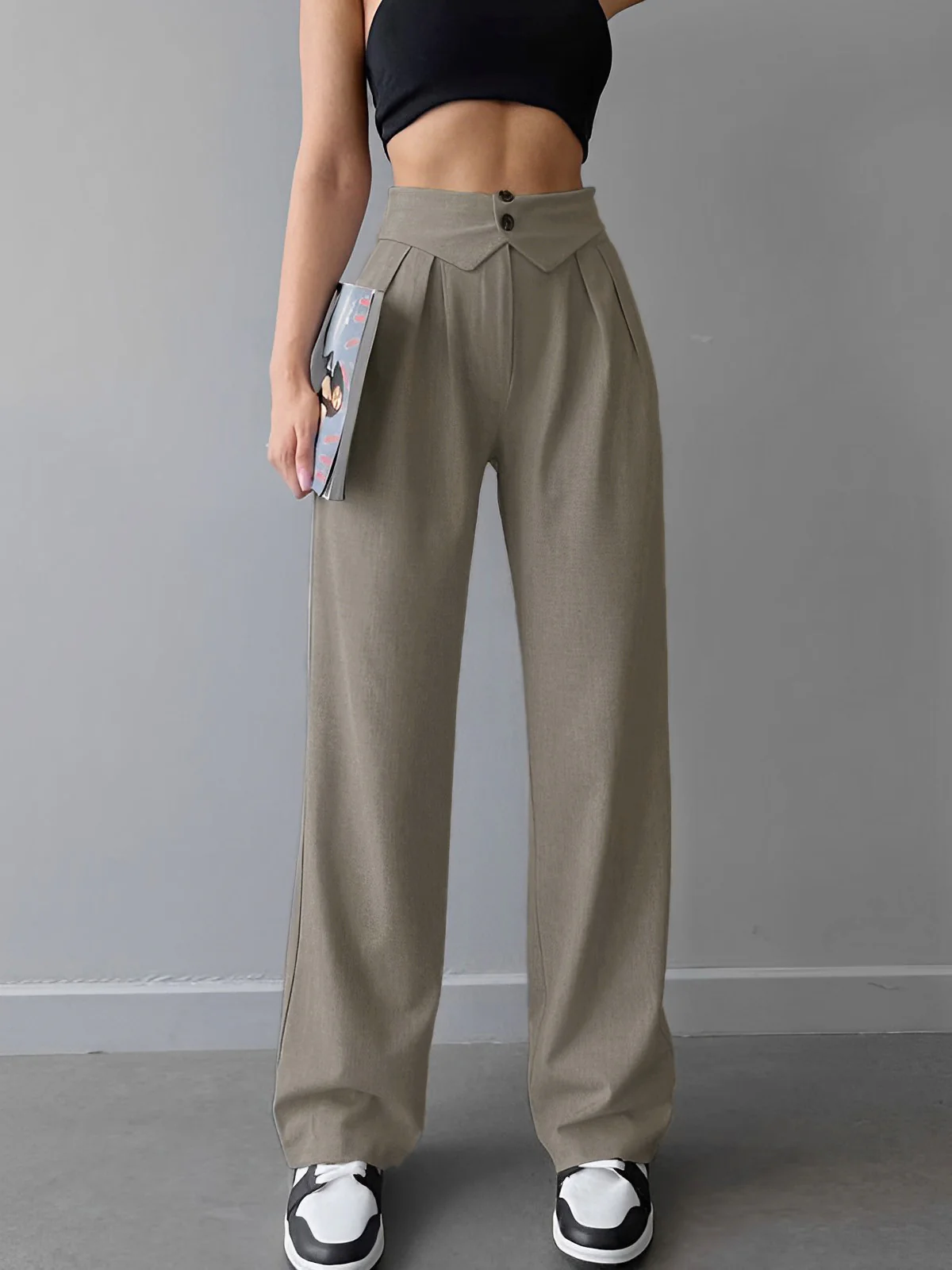 Street Fold Over Waistband Straight Leg Dress Pants - Takermore
