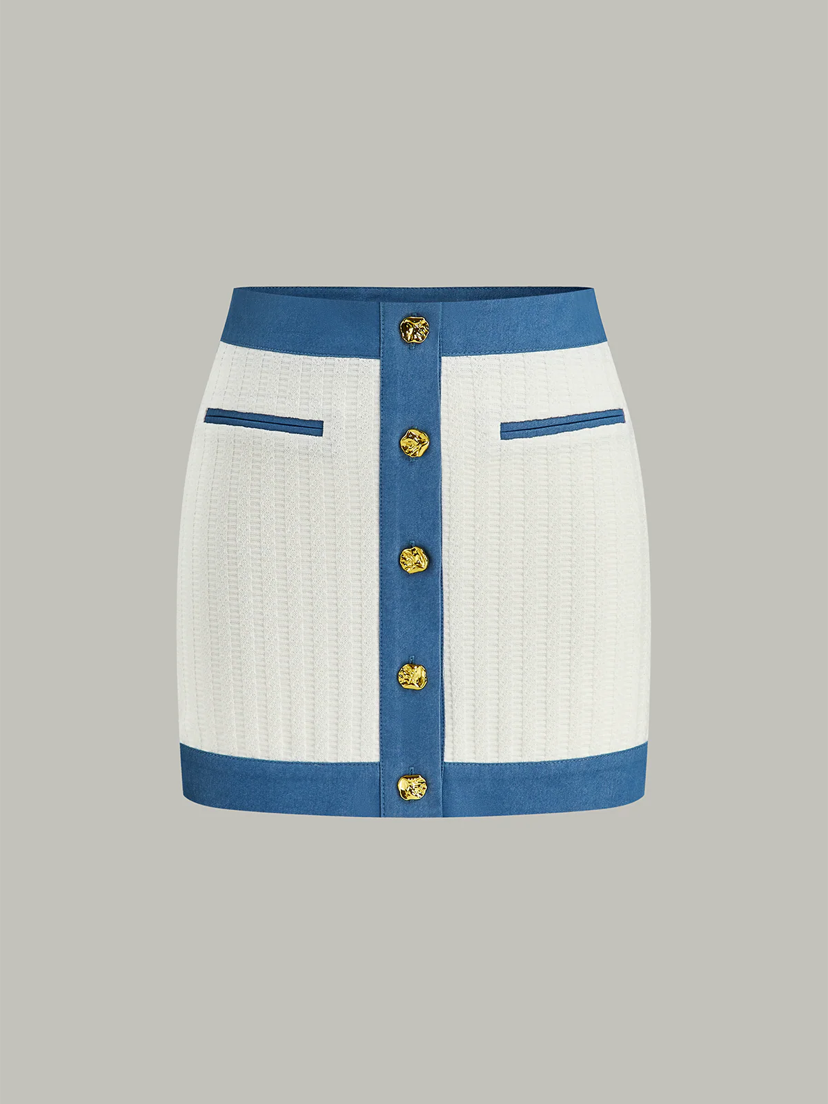 Denim-Trimmed Knit Mini Skirt with Metal Button - Takermore