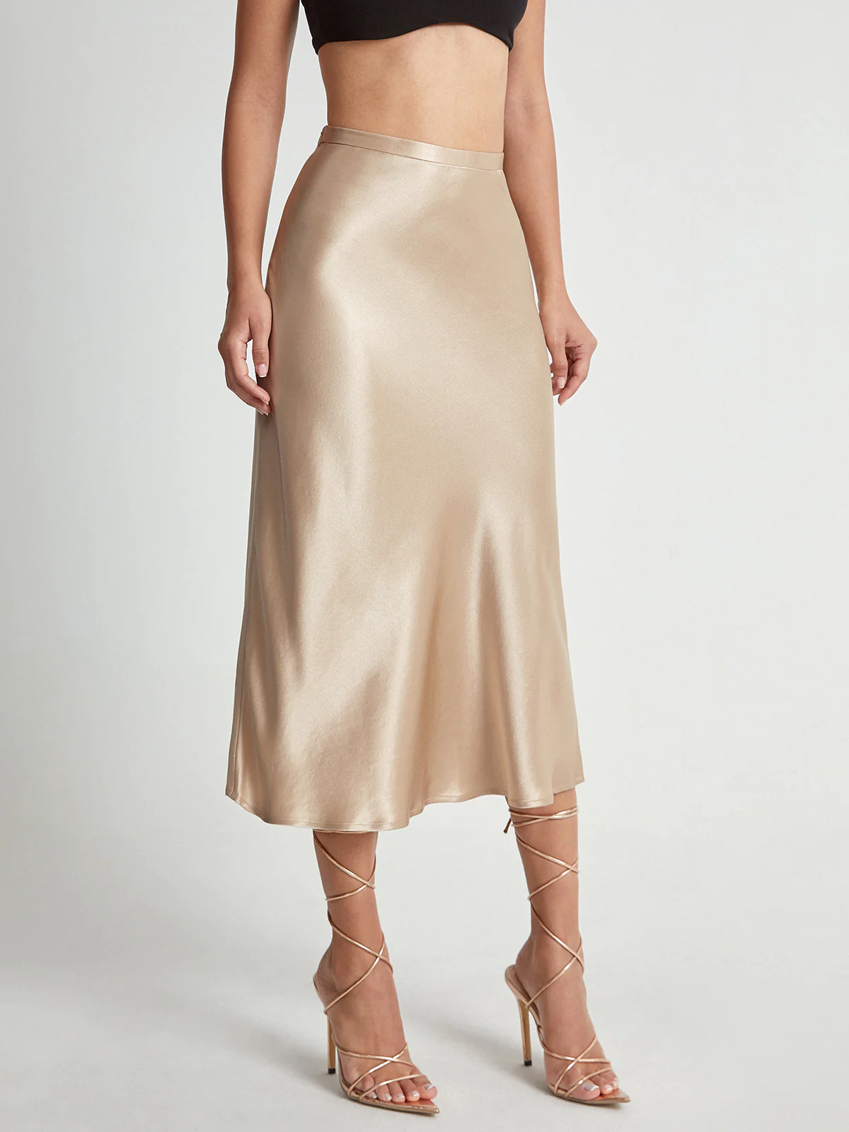 High Waisted Satin Flowy Midi Skirt - Takermore