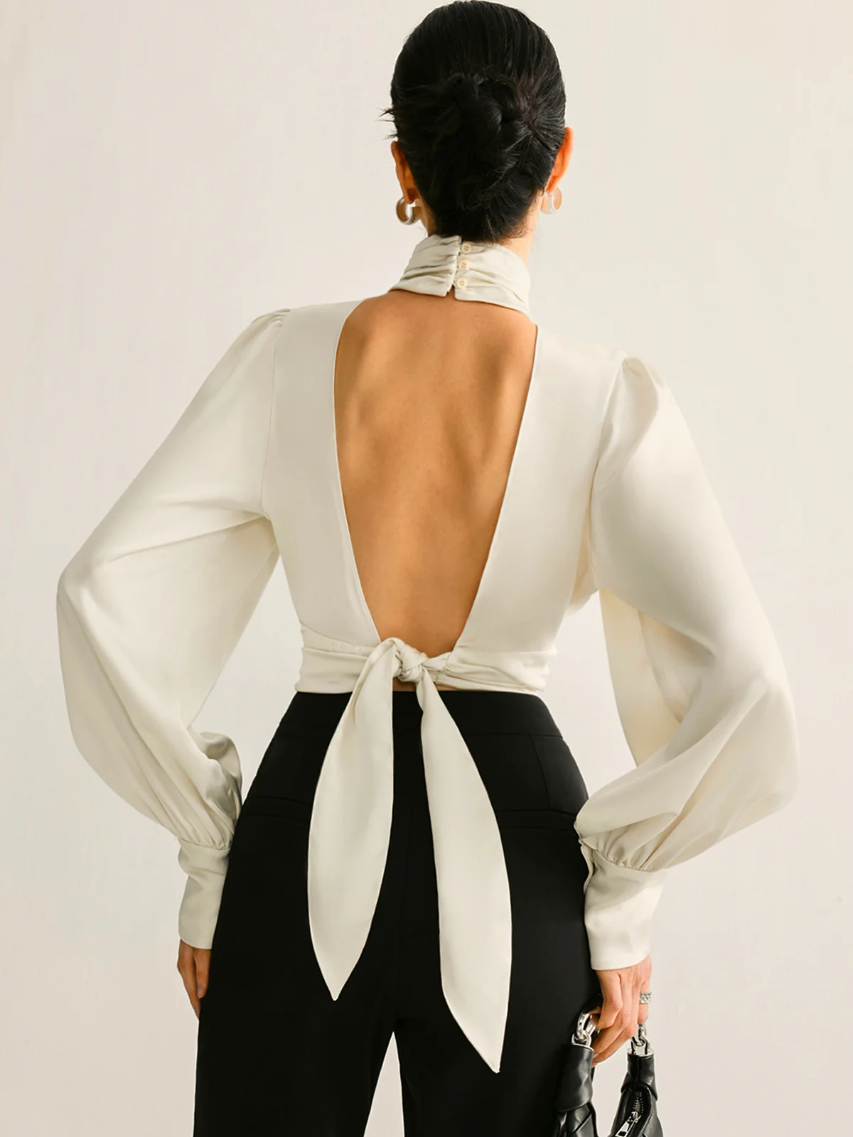 Backless Side Pleated Satin Blouse - Takermore