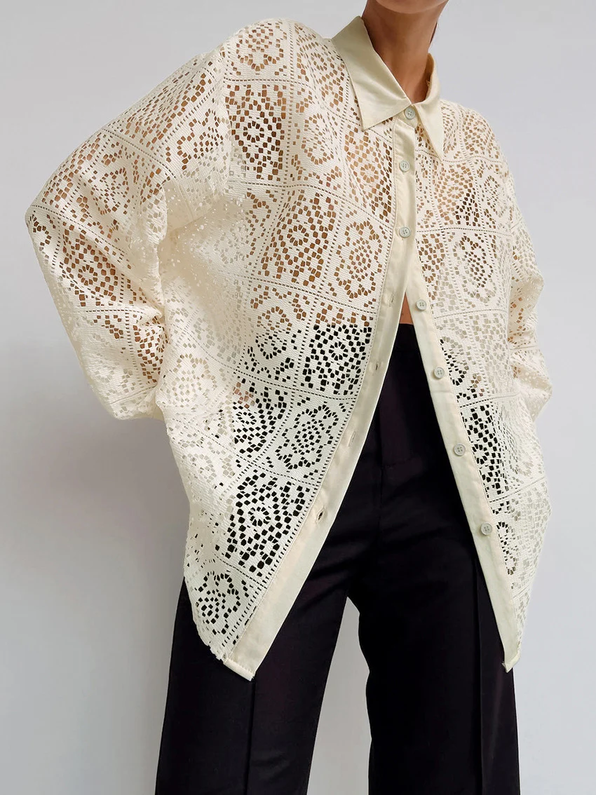 Oversized Semi-Sheer Eyelet Button Down Shirt - Takermore