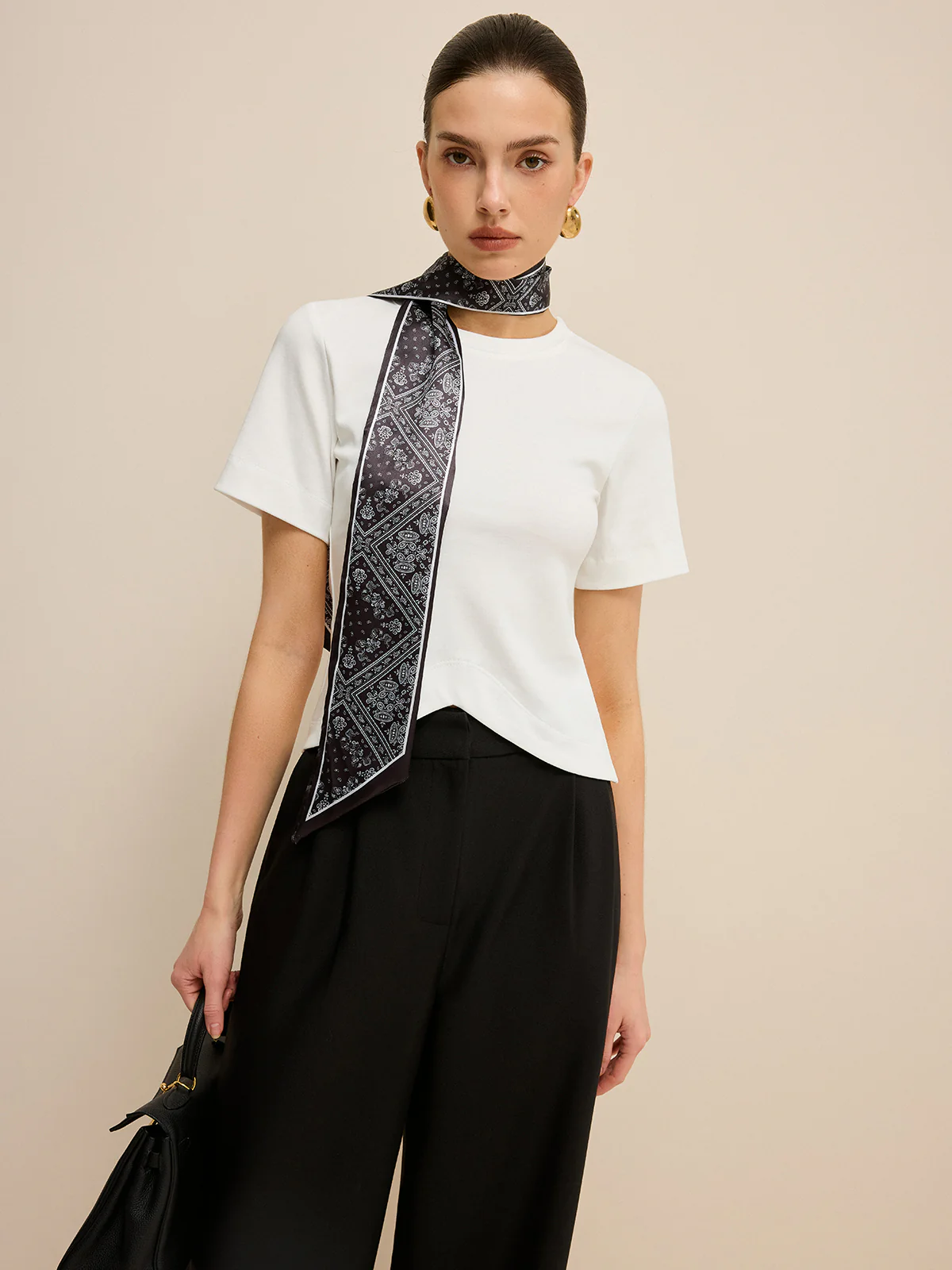 Irregular Hem T-Shirt with Silk Scarf - Takermore