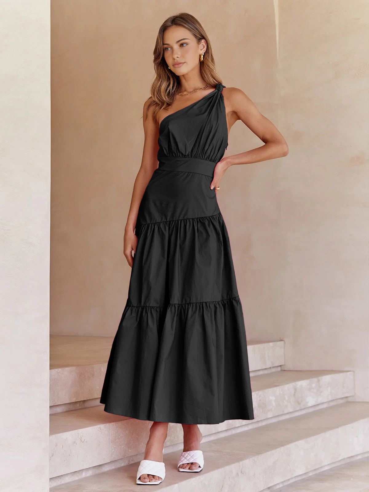 Asymmetric Shoulder Knotted Midi Dress - Takermore