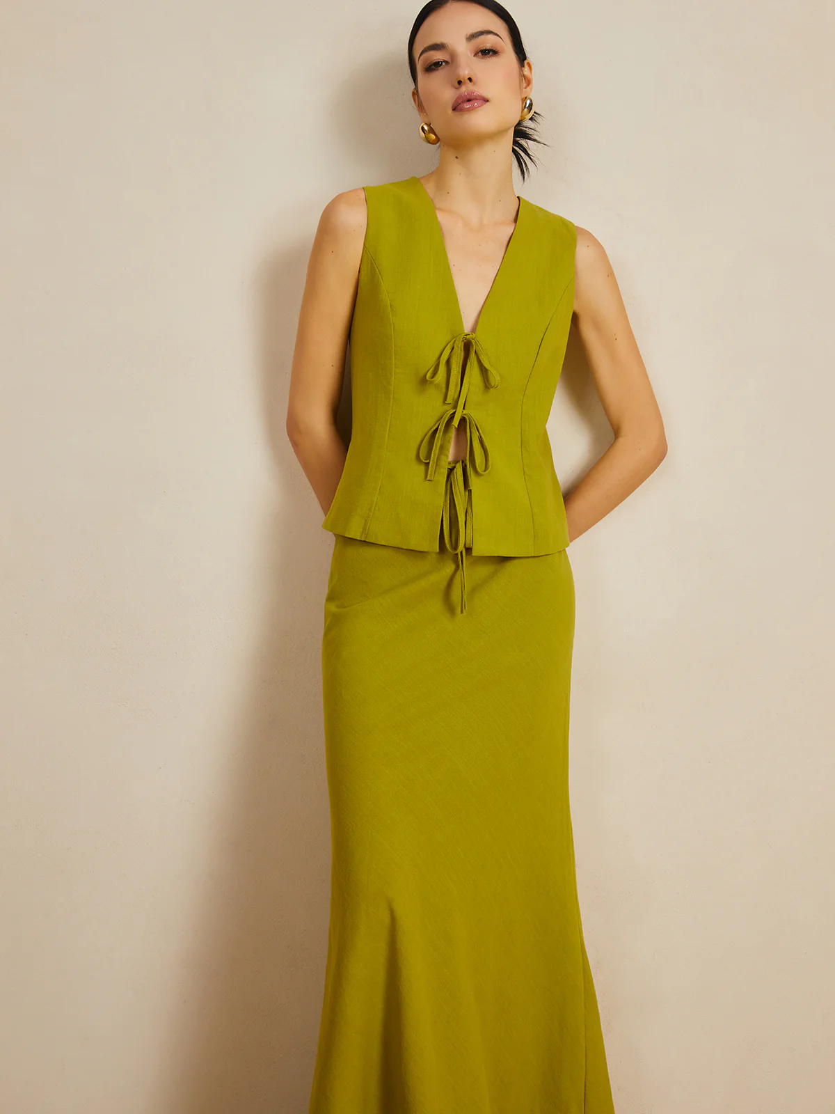 Cotton V-Neck Tie Front Skirt Set - Takermore