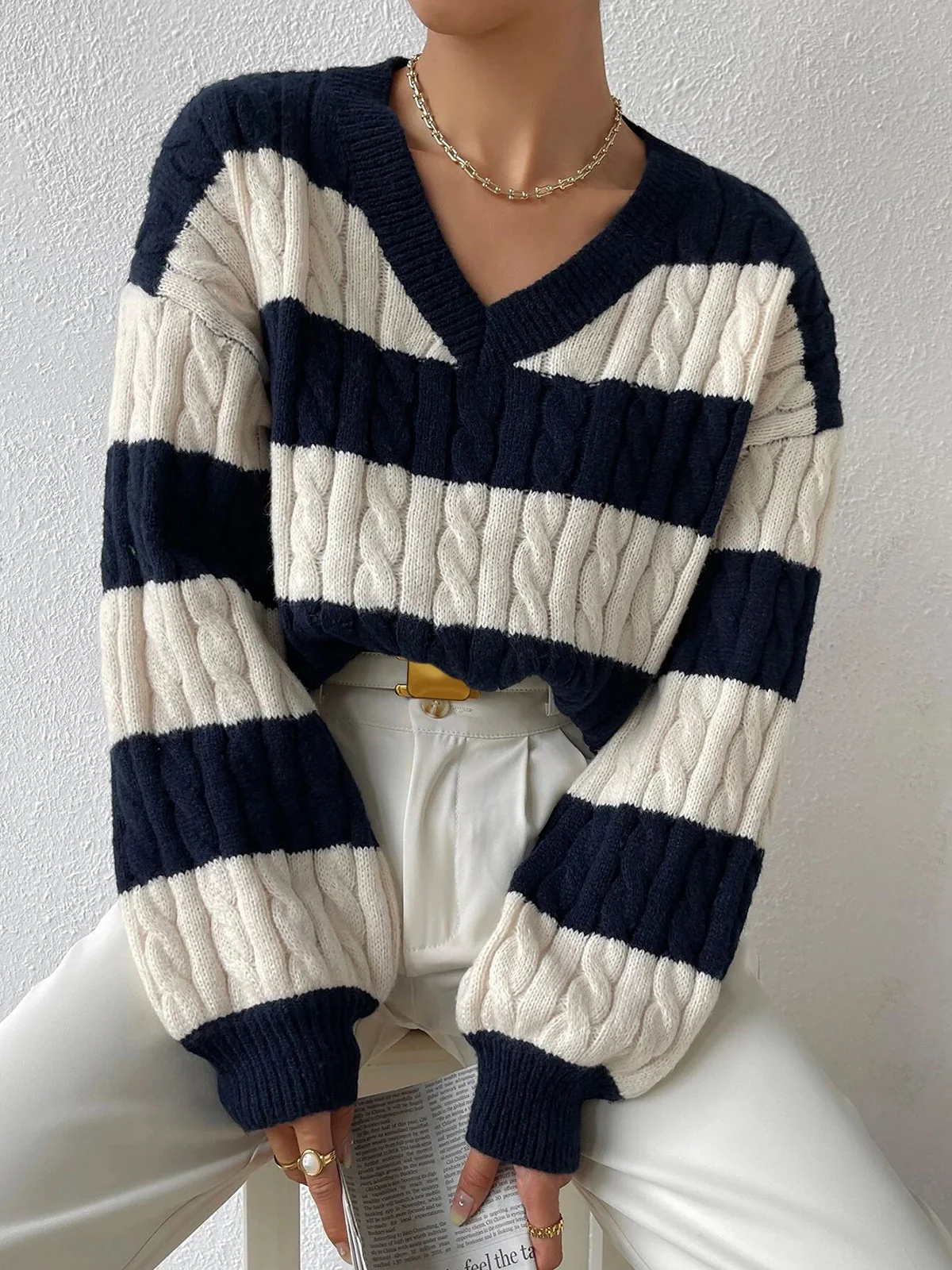 V-Neck Striped Cable Sweater - Takermore