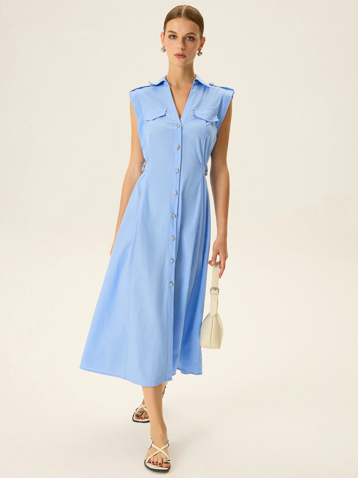 Linen & Cotton V-Neck Midi Dress with Metal Button - Takermore