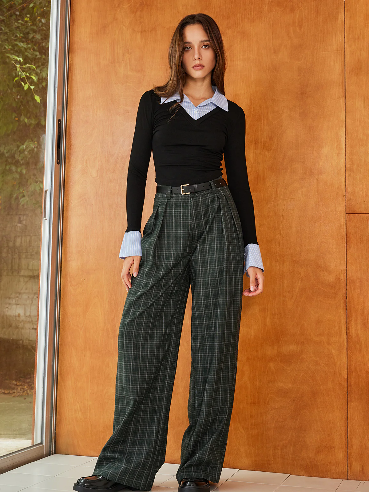 Vintage Plaid Belted Wide-Leg Pants - Takermore