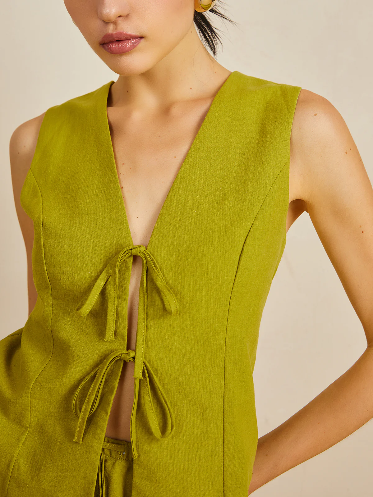 Cotton V-Neck Tie Front Skirt Set - Takermore