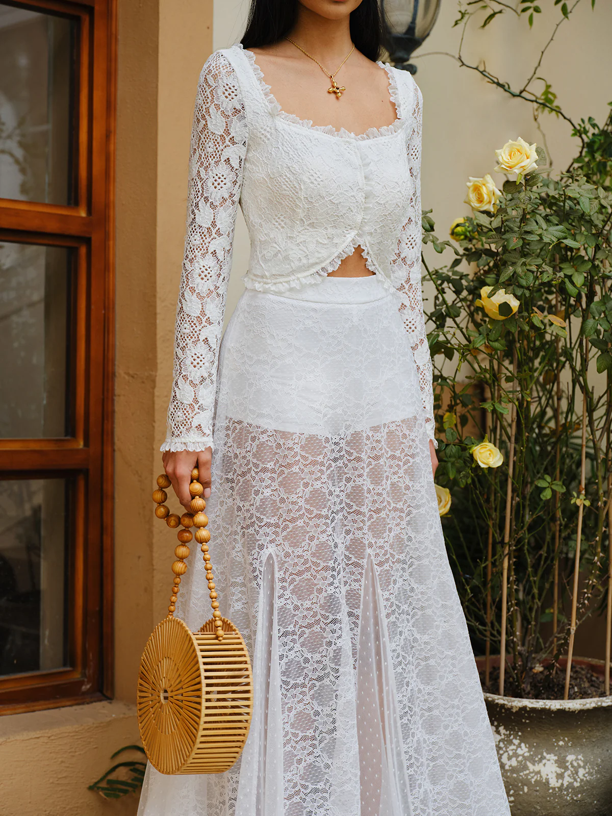 Semi-Sheer Lace Ruffled Trim Buttoned Crop Top - Takermore