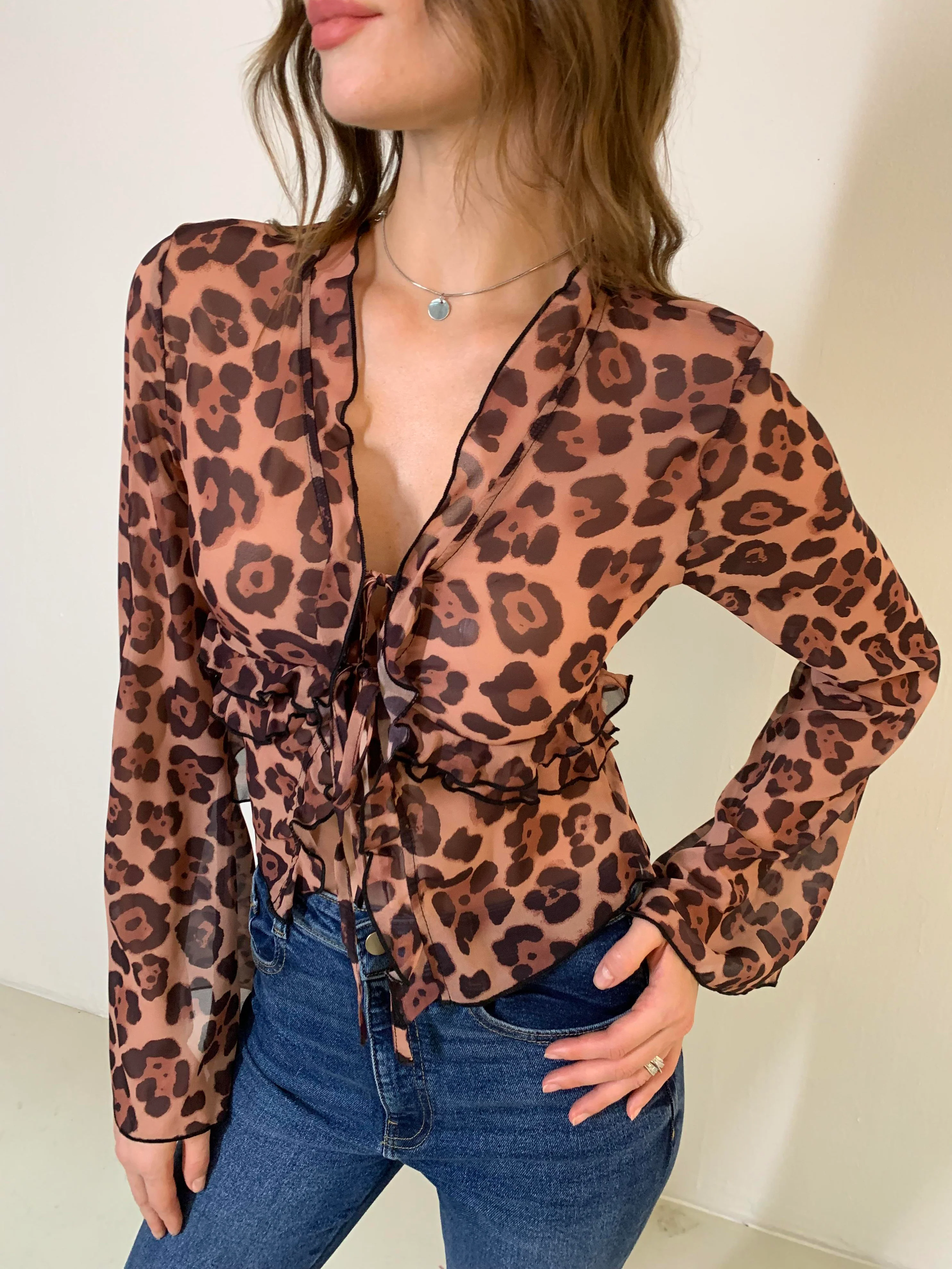 Leopard Print Semi-Sheer Ruffle V-Neck Blouse - Takermore