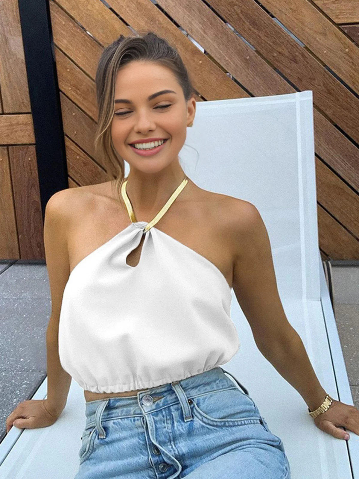 Semi-Sheer Halter Crop Sleeveless Top - Takermore