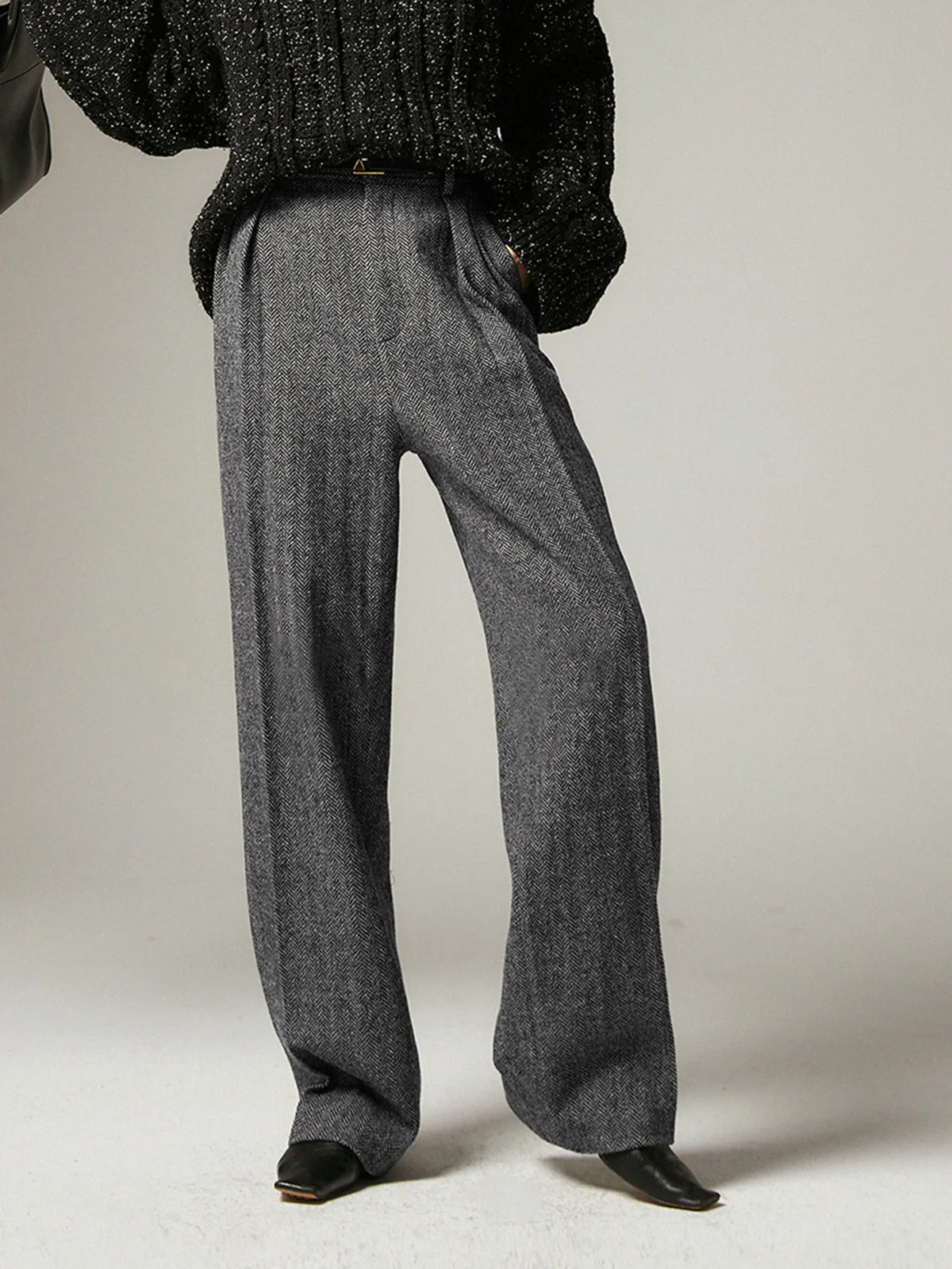 Herringbone Pockets Wide Leg Dress Pants - Takermore