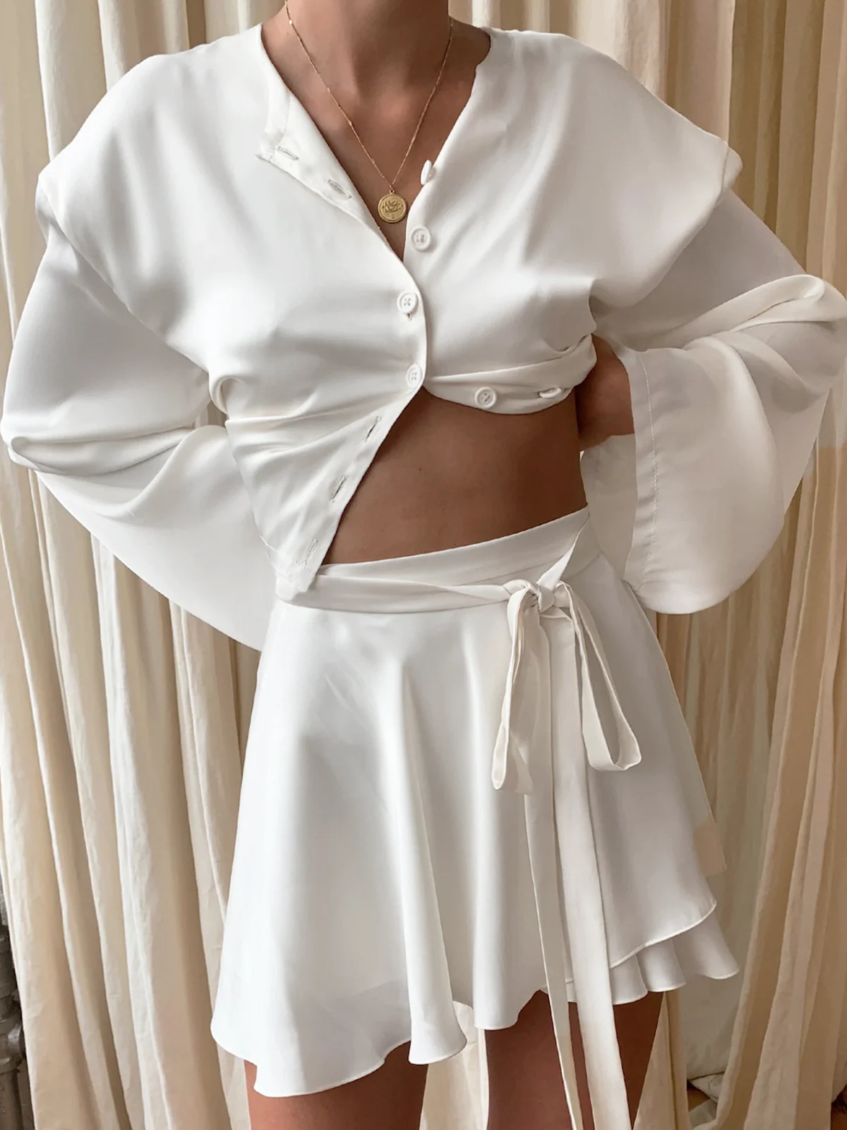 Satin Raw Hem Tied Two Piece Skirt Set - Takermore