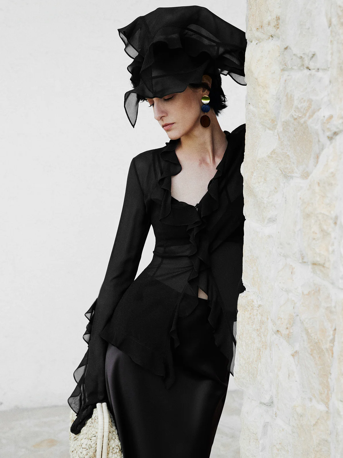 Semi-Sheer Ruffle Split Thin Blouse - Takermore