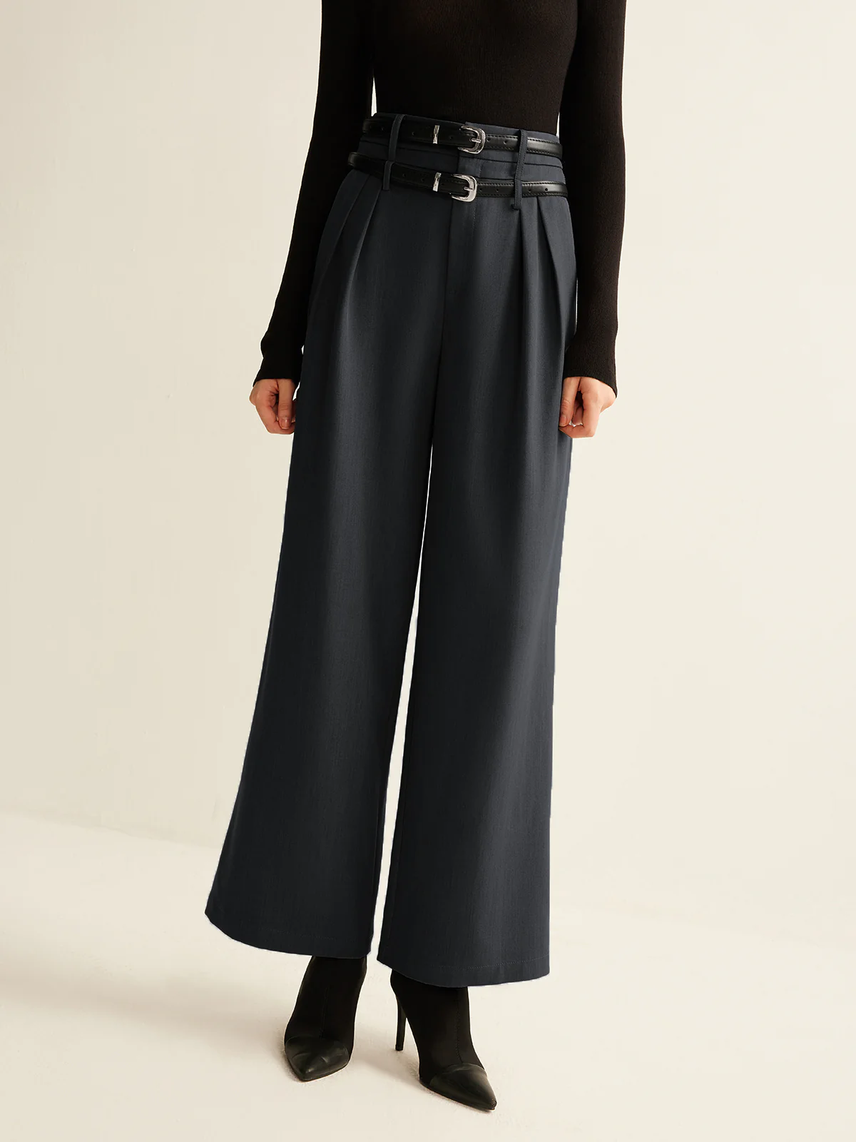 Double-Belt Pleated Straight Pants - Takermore