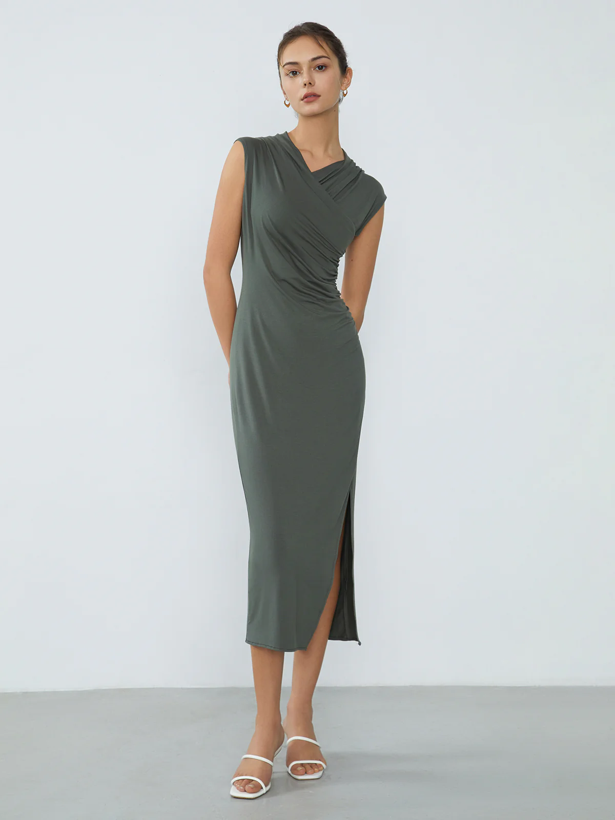 Wrap Ruched Slit Long Dress - Takermore