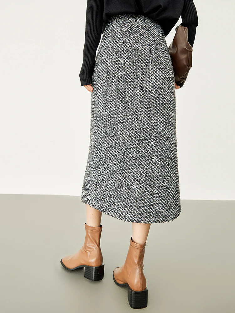 Button Down Tweed Boucle Maxi Skirt - Takermore