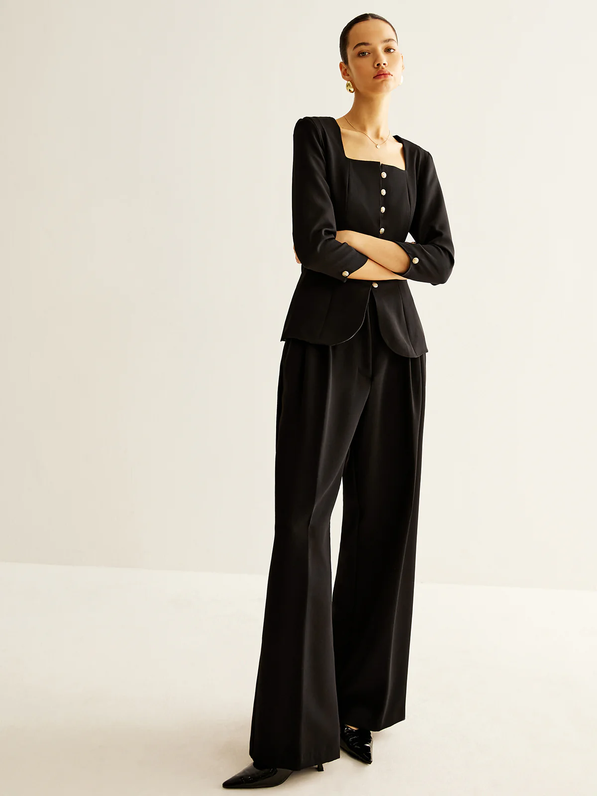 Square Neck Button Down Slit Blouse - Takermore