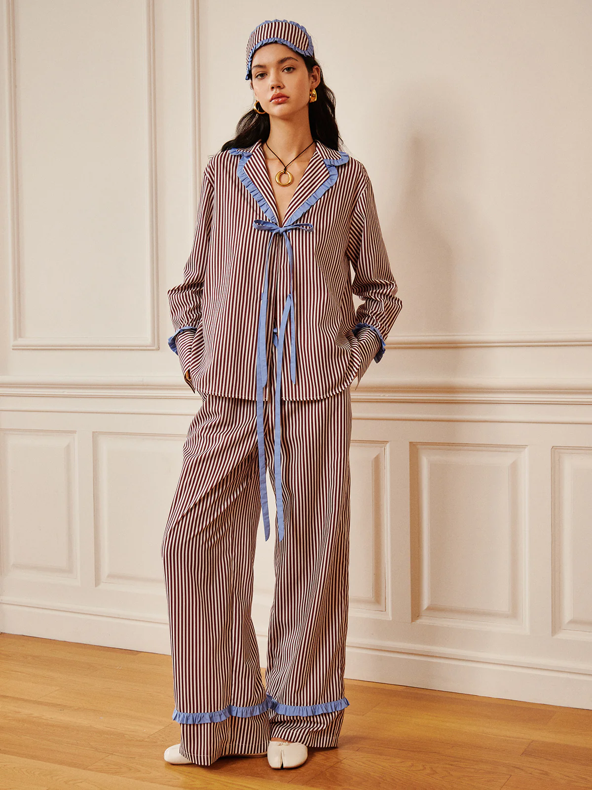 Pinstripe Ruffle Tie Front Shirt - Takermore