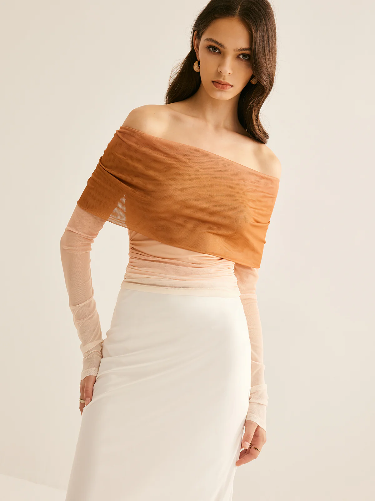 Semi-Sheer Off-Shoulder Mesh Gradient Blouse - Takermore