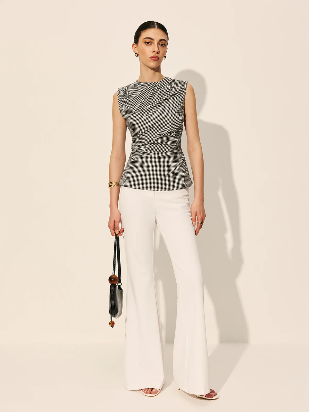 Gingham Ruched Sleeveless Top - Takermore