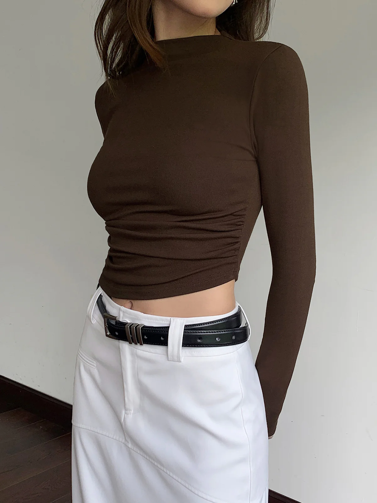 Mock Neck Slinky Long Sleeve Ribbed Knit Crop Shirt - Takermore