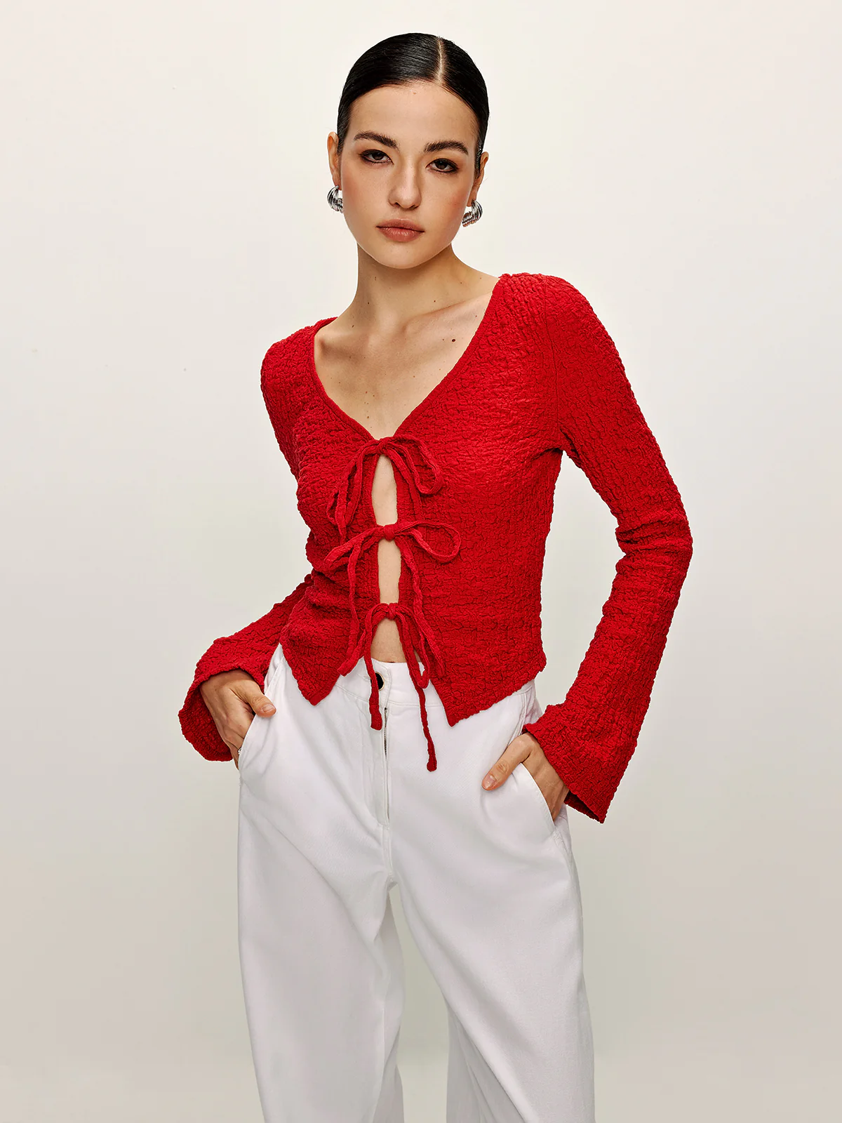 Cotton Blends Tie Front Soft Blouse - Takermore