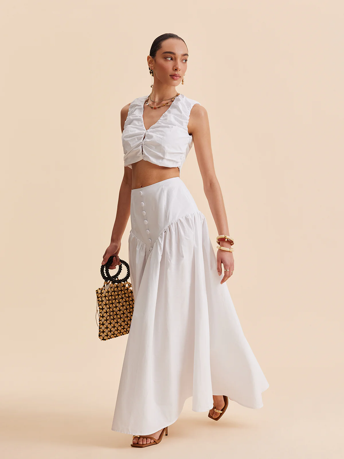 Ruched Crop Top With Buttoned Skirt Set - Takermore
