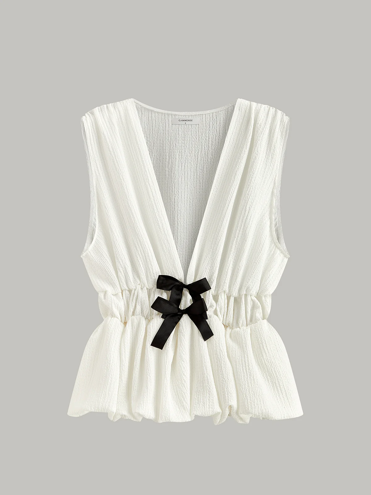 V-Neck Gathered Waist Bow-Detail Top - Takermore