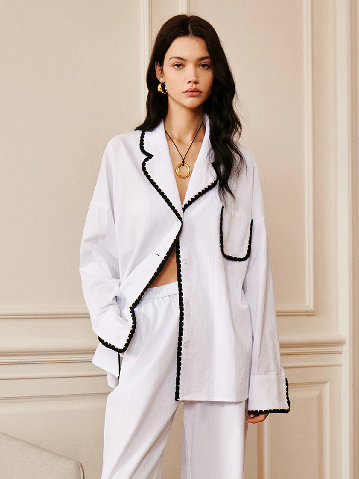 Pure Cotton Contrast Trim Lapel Shirt - Takermore