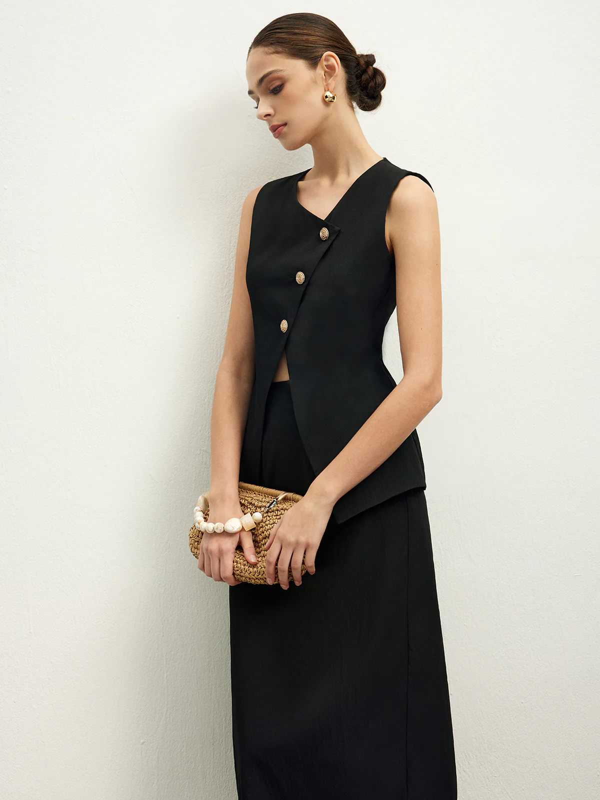 Asymmetrical Button Top  A Line Skirt set - Takermore