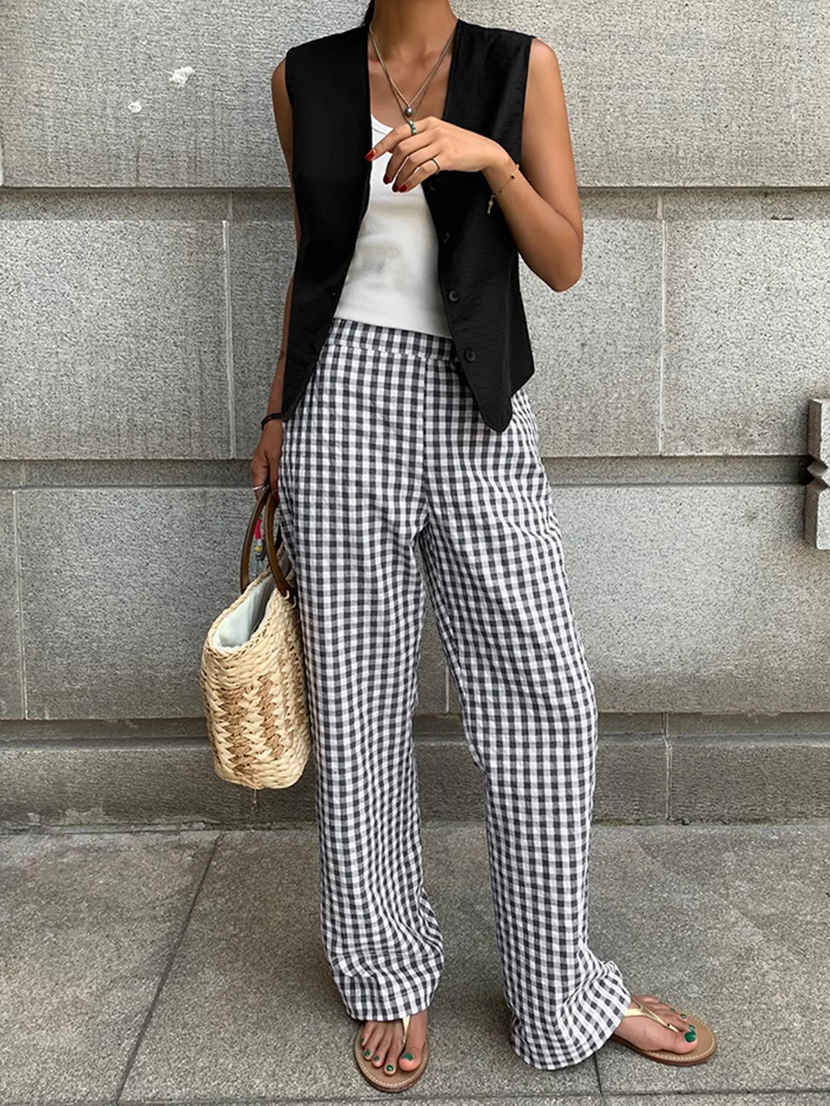 Casual Plaid Wide Leg Pants - Takermore