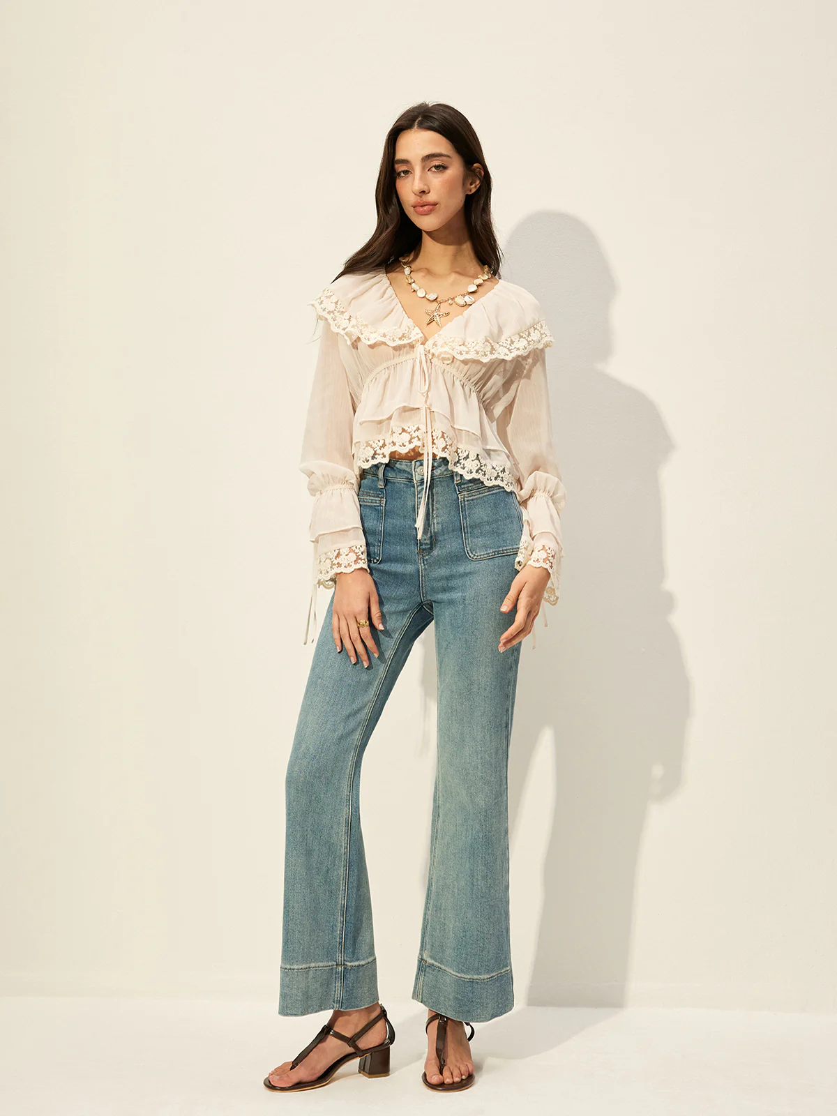 Semi-Sheer Chiffon Lace Detail Top - Takermore