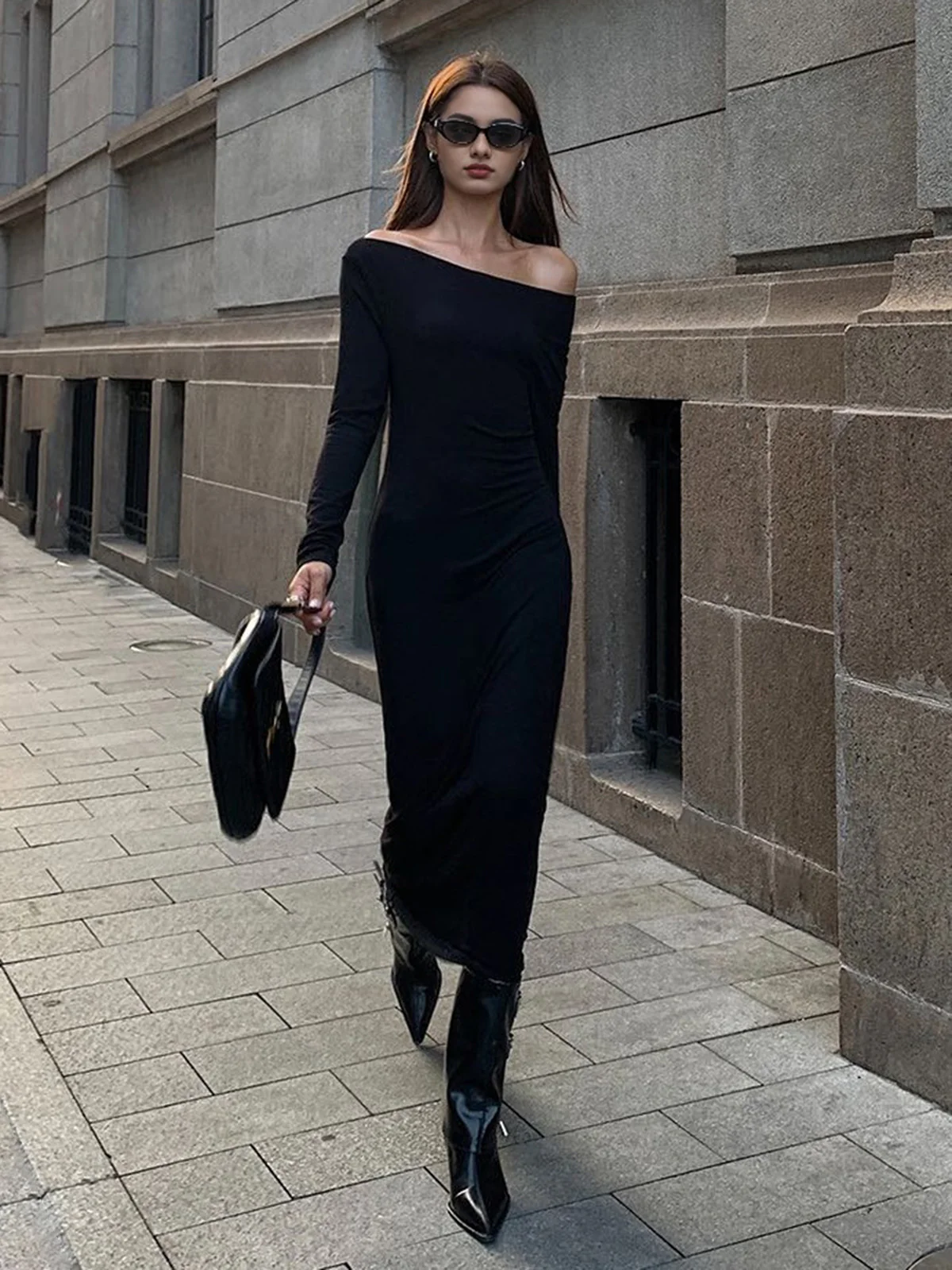 Off Shoulder Ribbed Long Sleeve Knit Long Dress - Takermore