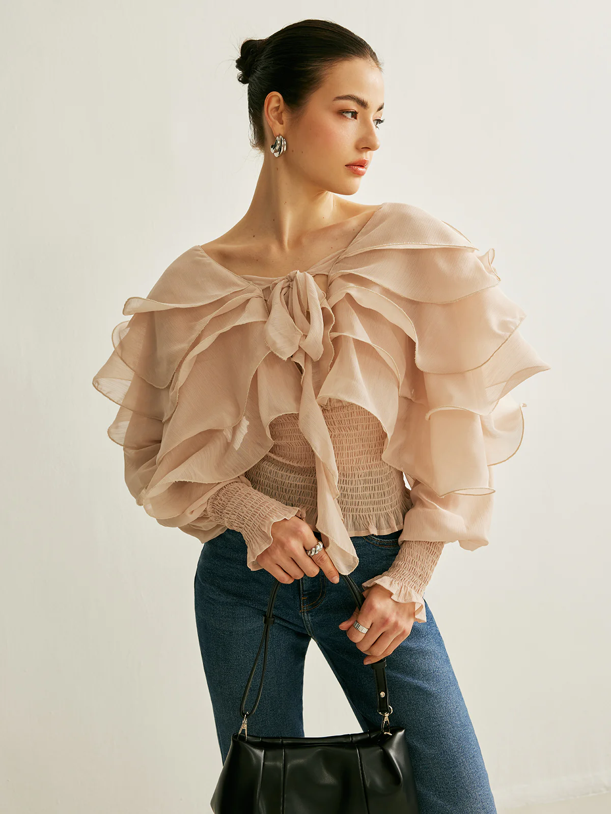 Semi-Sheer Chiffon Ruffle Backless Top - Takermore