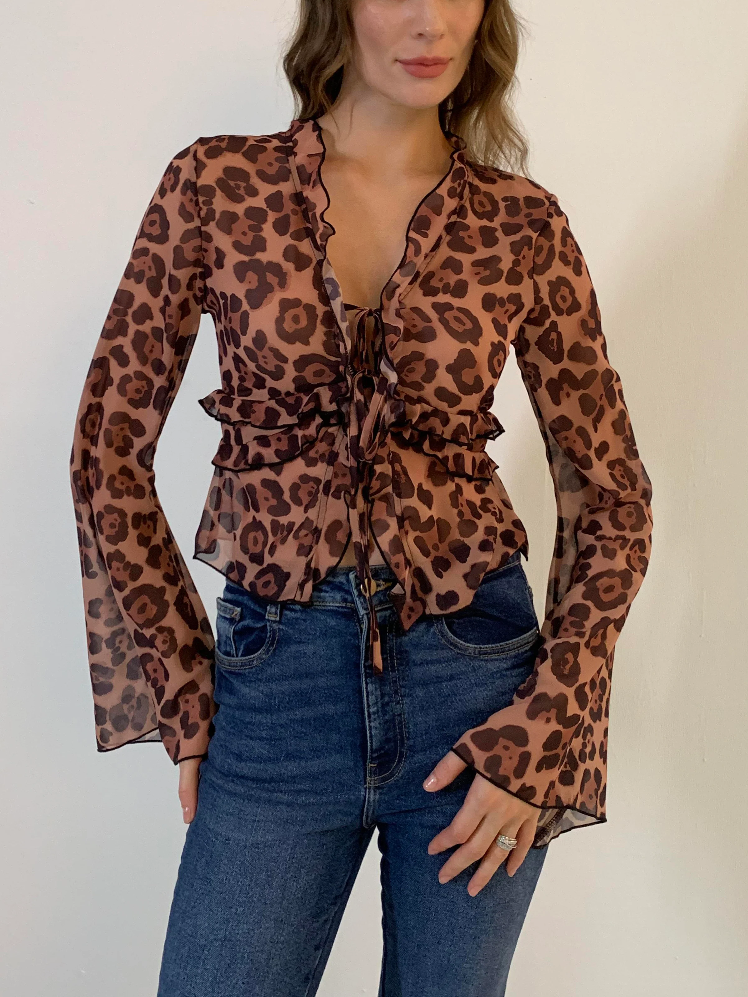 Leopard Print Semi-Sheer Ruffle V-Neck Blouse - Takermore