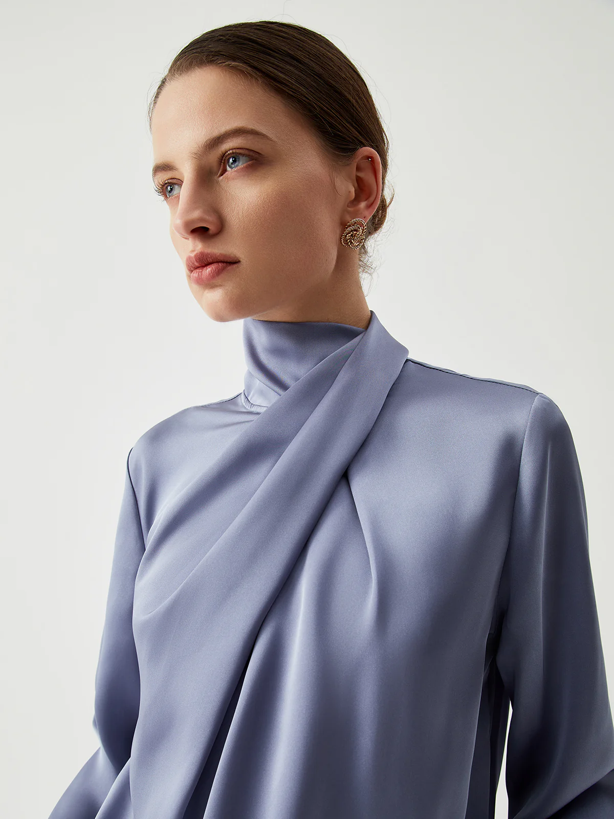 Asymmetric Pleated Turtleneck Satin Blouse - Takermore