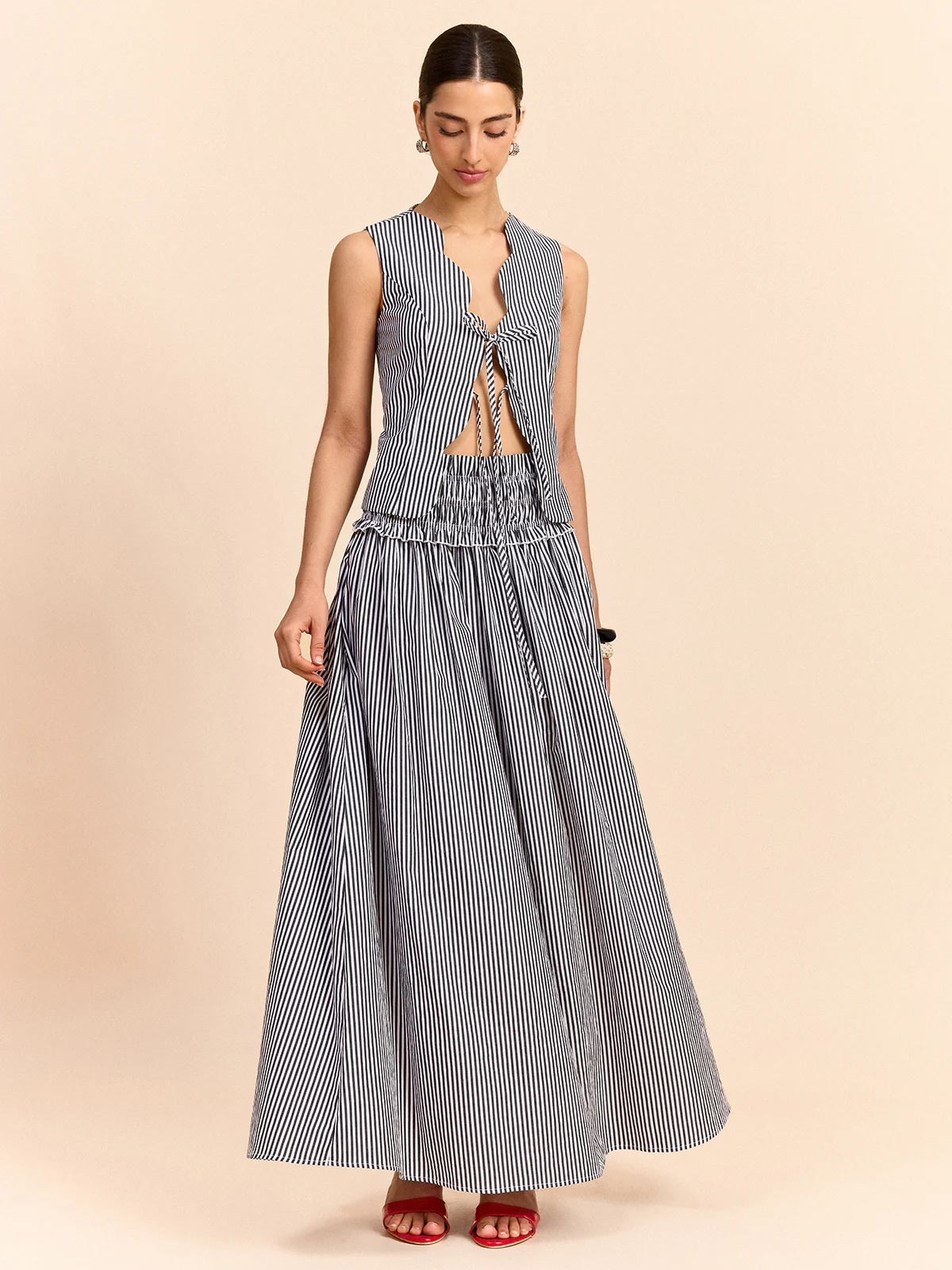 Striped Skirt Set with Tie-Front Top - Takermore