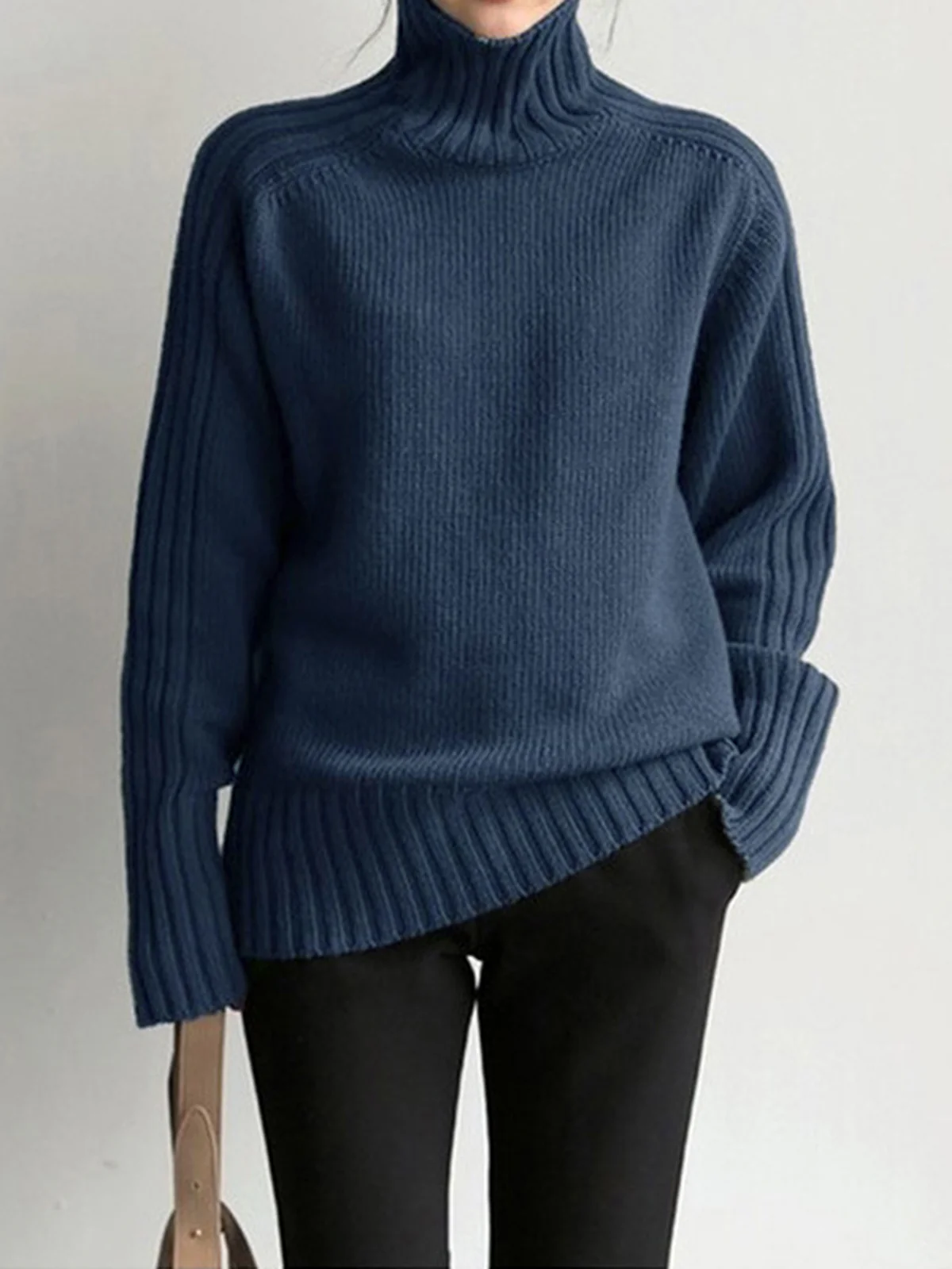 Solid High Neck Knit Sweater - Takermore