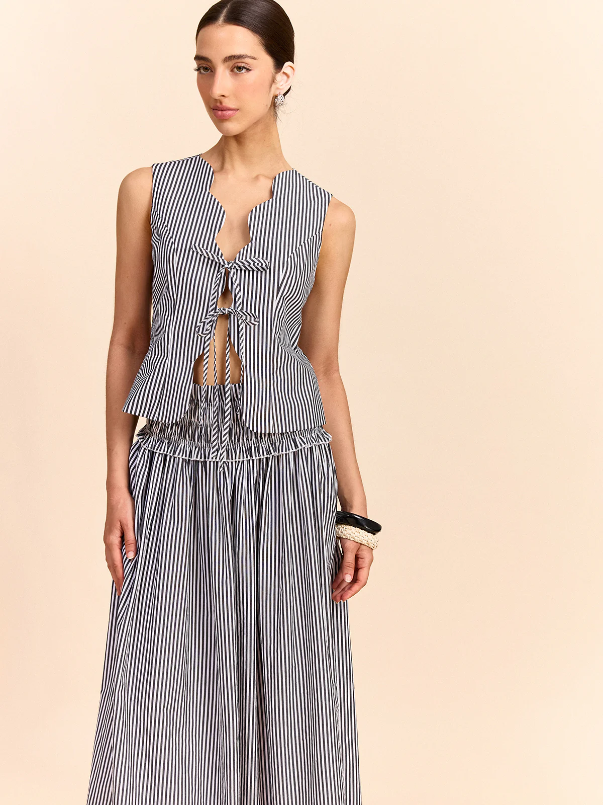 Striped Skirt Set with Tie-Front Top - Takermore