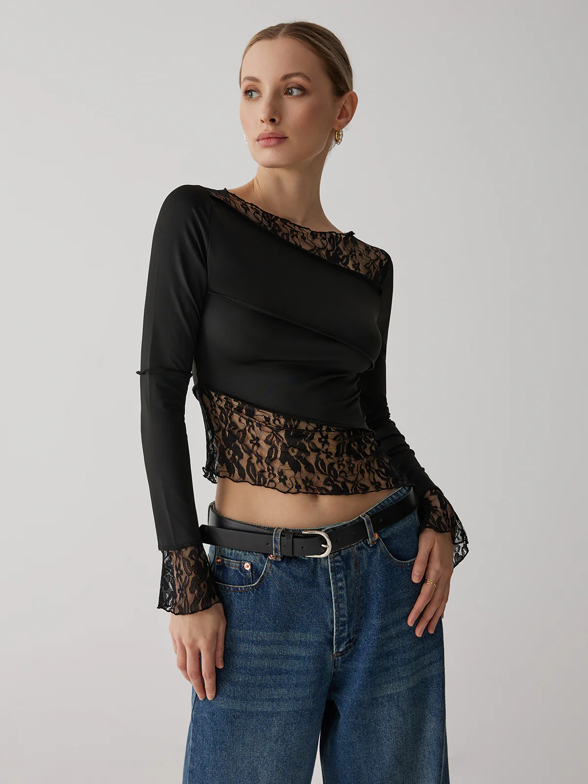 Solid Patchwork Lace Long Sleeve Top - Takermore