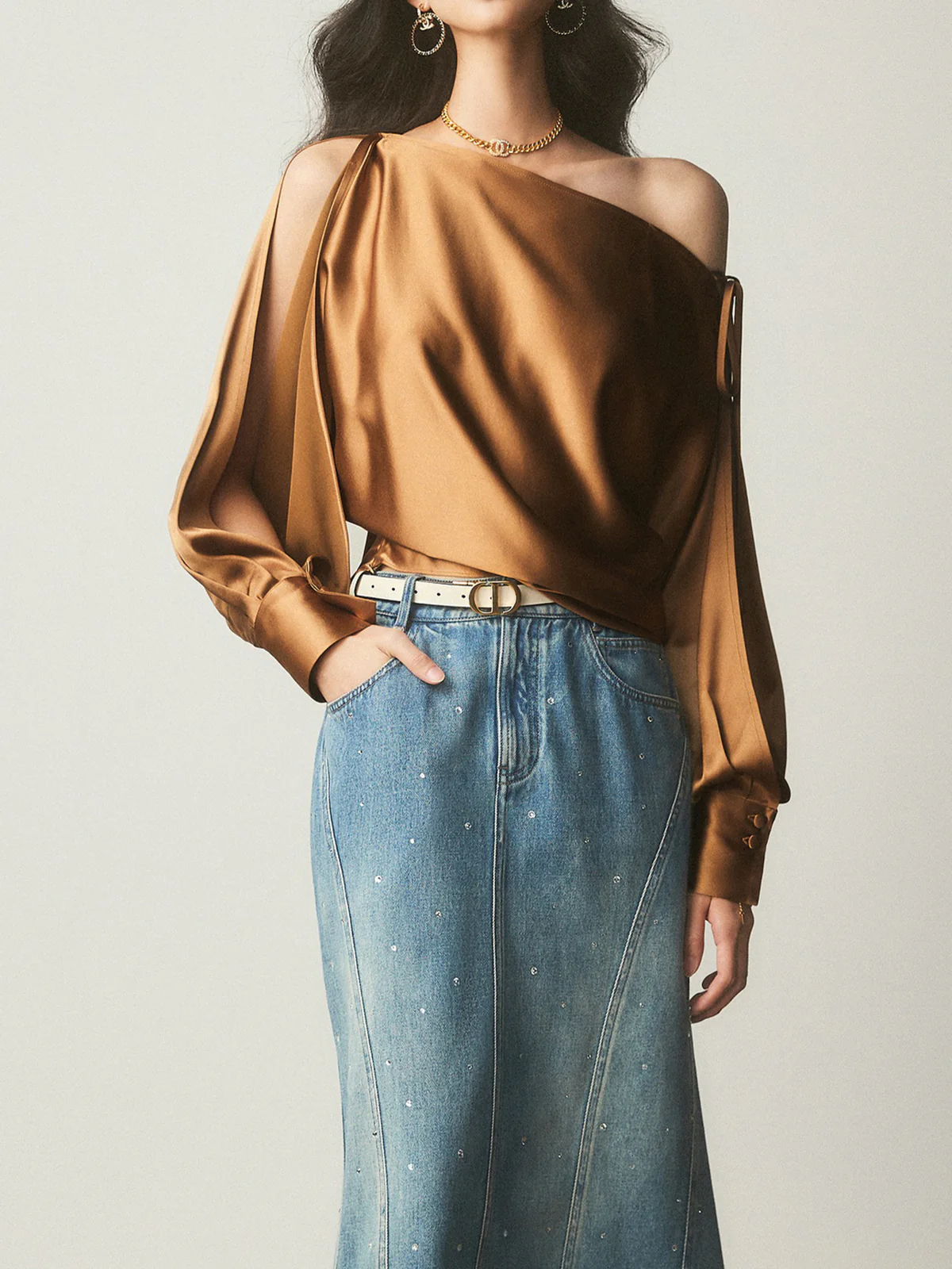 Satin Asymmetrical Cold Shoulder Tied Blouse - Takermore